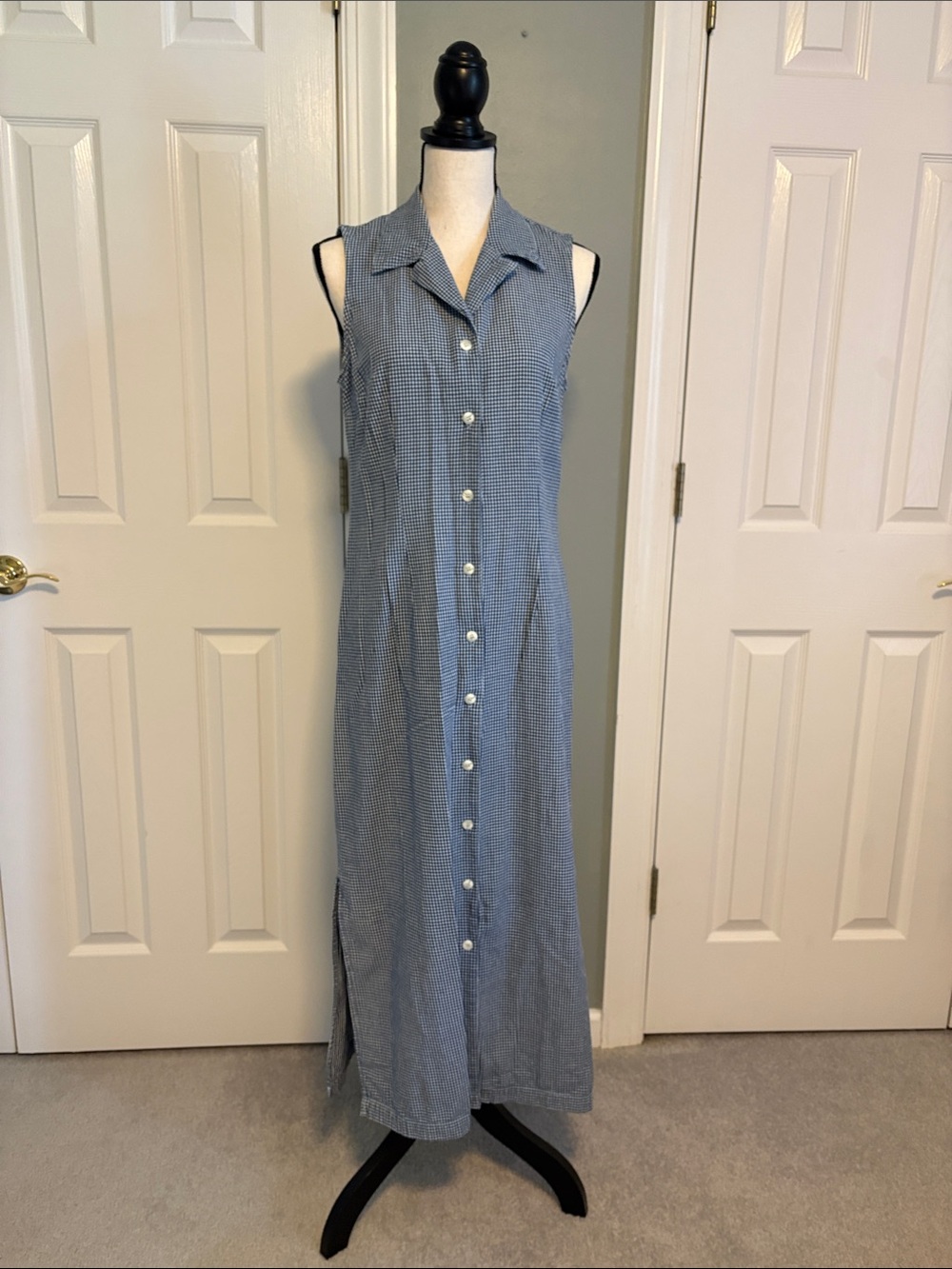 Blue & White Sleeveless Button-Front Maxi Dress